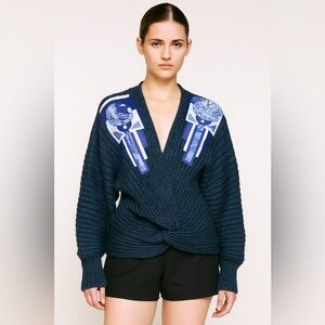 Vintage Nina Ricci Dark Blue Cardigan with Artistic Accents